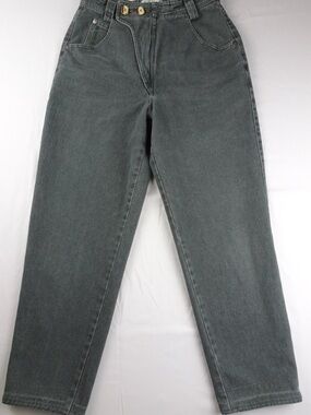 Vtg 90s High Waist Asymmetrical Button Fly Green/Gray Mom Jeans Tapered Leg ~25